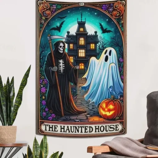 The Witch Tarot Card Style Wall Tapestry Backdrop, Gothic Occult Halloween Decoration for 2025 Halloween Living Room, Bedroom