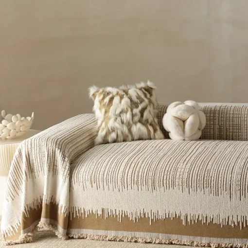 Thickened Sofa Blanket Autumn And Winter Gradient Striped Jacquard Half Velvet Sofa Towel With Tassels Multi-functional Blanket
