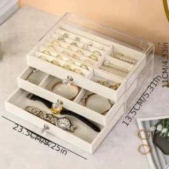 Three-Layer Transparent Acrylic Jewelry Storage Box: Multi-functional Display Cabinet for Rings, Necklaces, Bracelets, Ideal for Desktop Jewelry Storage and Display