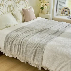 Throw Blanket with Tassel, Knit Throw Blankets Soft Cable Knitted Throw Blankets for Couch Stripe Spring Fall Blanket for Bed Sofa Cozy Lightweight Throw Blankets Scarf for Girls Boys