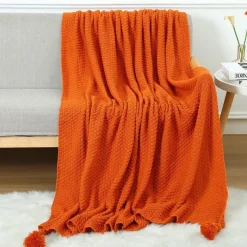 Throw Blankets for Couch with Tassel,Burnt Orange Knitted Throw Blanket for Bed, Super Soft Warm Large Throws for Home