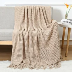 Throw Blankets for Couch with Tassel,Burnt Orange Knitted Throw Blanket for Bed, Super Soft Warm Large Throws for Home