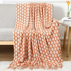 Throw Blankets for Couch with Tassel,Burnt Orange Knitted Throw Blanket for Bed, Super Soft Warm Large Throws for Home