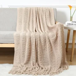 Throw Blankets for Couch with Tassel,Burnt Orange Knitted Throw Blanket for Bed, Super Soft Warm Large Throws for Home