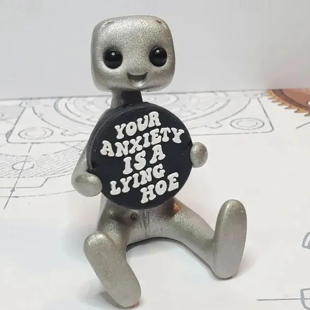 Tiny Robot Figure with Slogan - Your Anxiety is A Lying H*e Robot, Inspirational Cute Fun Office Desk Decorations