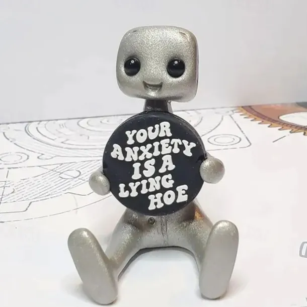 Tiny Robot Figure with Slogan - Your Anxiety is A Lying H*e Robot, Inspirational Cute Fun Office Desk Decorations