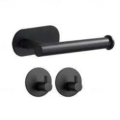 Toilet Paper Holder & 2Wall Hooks Sets Self Adhesive Wall Mount Stainless Steel Bathroom Accessories(Black/Golden/Silvery)