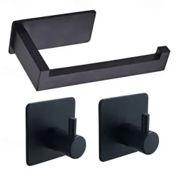 Toilet Paper Holder and 2 Wall Hooks Sets,No Drilling Self-Adhesive Toilet Roll Holder&Robe Hooks Stainless Steel Toilet Roll Holder Toilet Roll Holder Paper Holder for Kitchen and Bathroom Black