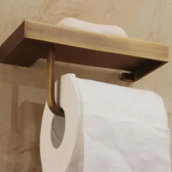 Toilet Paper Holder, Antique Style Bathroom Tissue Holder, Brass, Wall Mounted Bathroom Roll Paper Holder with Mobile Phone Storage Shelf, for Kitchen Bathroom, Tissue Roll Hanger