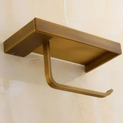Toilet Paper Holder, Antique Style Bathroom Tissue Holder, Brass, Wall Mounted Bathroom Roll Paper Holder with Mobile Phone Storage Shelf, for Kitchen Bathroom, Tissue Roll Hanger