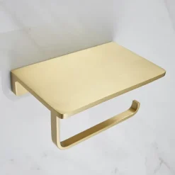 Toilet Paper Holder Creative Metal Bathroom Shelf with Mobile Phone Storage Shelf Wall Mounted Brushed Gold 1PC