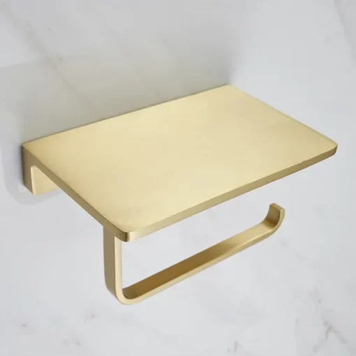 Toilet Paper Holder Creative Metal Bathroom Shelf with Mobile Phone Storage Shelf Wall Mounted Brushed Gold 1PC