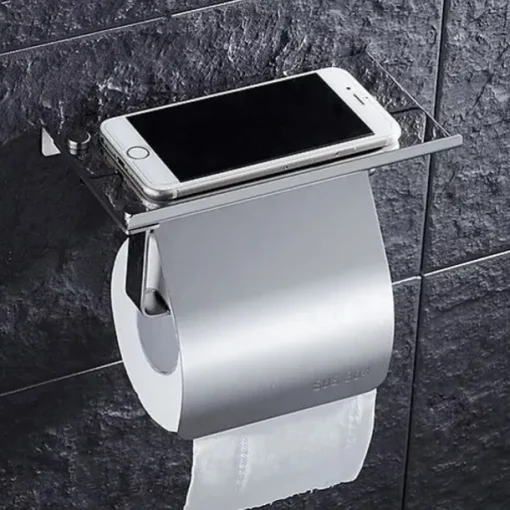 Toilet Paper Holder Stainless Steel for Bathroom with Mobile Phone Storage Shelf Wall Mounted 1pc