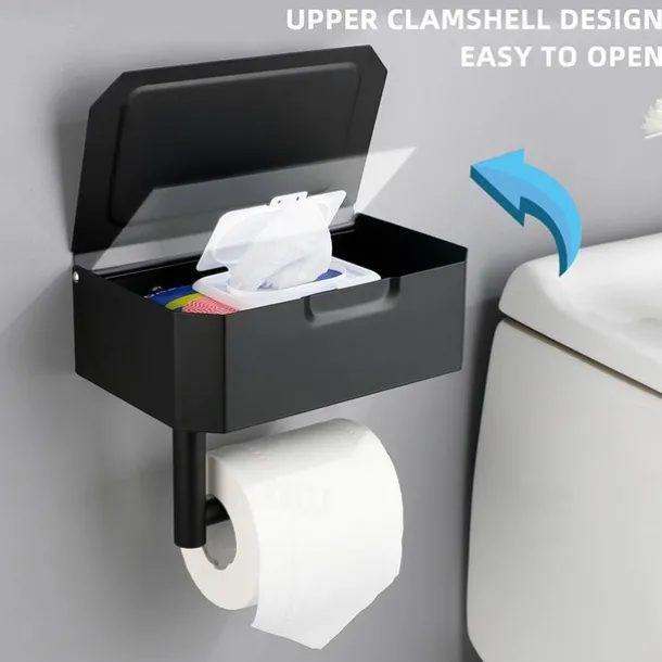 Toilet Paper Holder with Storage and Shelf, Matt Black Bathroom Toilet Paper Holder Wall Mount, Stainless Steel Flushable Wet Wipes Dispenser - Hide Your Wipes from View