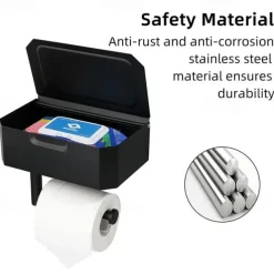 Toilet Paper Holder with Storage and Shelf, Matt Black Bathroom Toilet Paper Holder Wall Mount, Stainless Steel Flushable Wet Wipes Dispenser - Hide Your Wipes from View