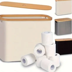Toilet Paper Storage for 12 Rolls, Stackable & Foldable - The Ultimate Bathroom Organizer - Waterproof Basket with Bamboo Lid - Elegant Toilet Paper Storage Holder