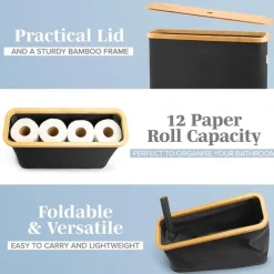 Toilet Paper Storage for 12 Rolls, Stackable & Foldable - The Ultimate Bathroom Organizer - Waterproof Basket with Bamboo Lid - Elegant Toilet Paper Storage Holder