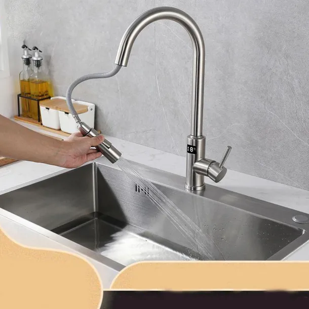 Touchless Sensor Kitchen Faucet Sink Mixer Tap Touch on with Pull Out 2 Mode Sprayer, Digital Display 360 Swivel Single Handle Taps Stainless Steel Deck Mounted, Water Vessel Taps