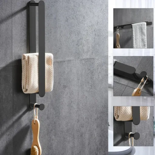 Towel Rail, Strong Self Adhesive Black Towel Holder Stainless Steel Wall Mounted