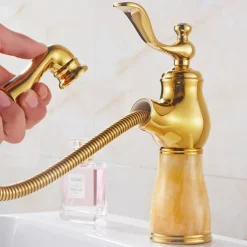 Traditional Bathroom Faucet Pull Out Basin Sink Mixer Taps Short/Tall, Vintage Brass Vessel Taps Ceramic Single Handle, with Cold and Hot Hose