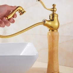 Traditional Bathroom Faucet Pull Out Basin Sink Mixer Taps Short/Tall, Vintage Brass Vessel Taps Ceramic Single Handle, with Cold and Hot Hose