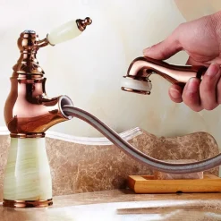 Traditional Bathroom Faucet Pull Out Basin Sink Mixer Taps Short/Tall, Vintage Brass Vessel Taps Ceramic Single Handle, with Cold and Hot Hose