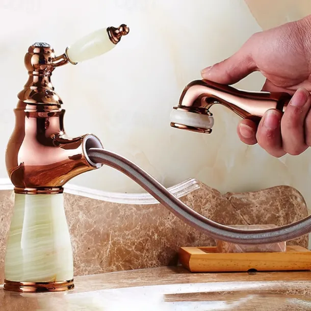 Traditional Bathroom Faucet Pull Out Basin Sink Mixer Taps Short/Tall, Vintage Brass Vessel Taps Ceramic Single Handle, with Cold and Hot Hose
