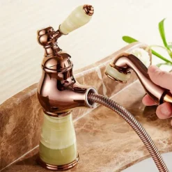 Traditional Bathroom Faucet Pull Out Basin Sink Mixer Taps Short/Tall, Vintage Brass Vessel Taps Ceramic Single Handle, with Cold and Hot Hose