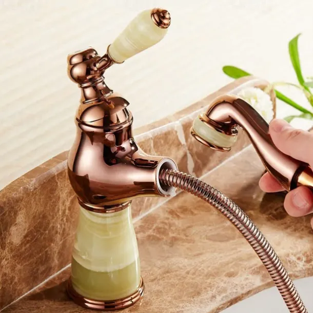 Traditional Bathroom Faucet Pull Out Basin Sink Mixer Taps Short/Tall, Vintage Brass Vessel Taps Ceramic Single Handle, with Cold and Hot Hose