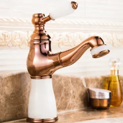 Traditional Bathroom Faucet Pull Out Basin Sink Mixer Taps Short/Tall, Vintage Brass Vessel Taps Ceramic Single Handle, with Cold and Hot Hose