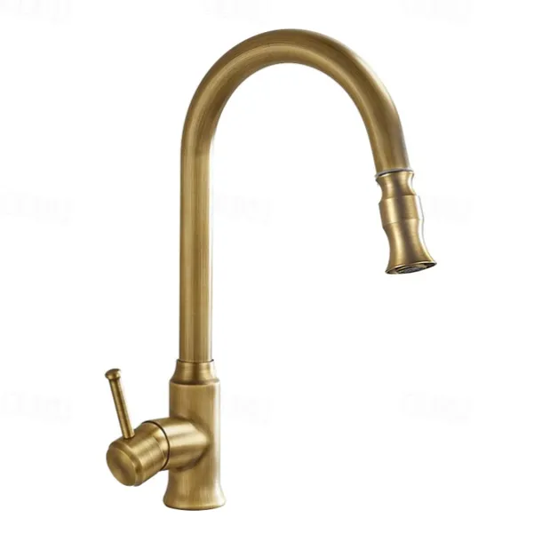 Traditional Kitchen Faucet Pull Out Sink Mixer Vessel Brass Taps, 360 Degree Single Handle Vintage Taps with Cold and Hot Hose