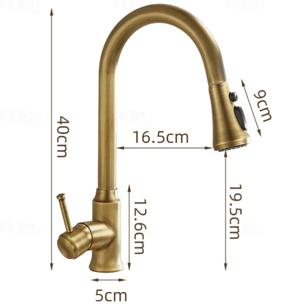 Traditional Kitchen Faucet Pull Out Sink Mixer Vessel Brass Taps, 360 Degree Single Handle Vintage Taps with Cold and Hot Hose