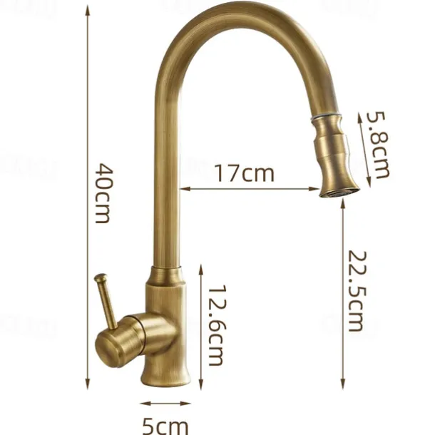 Traditional Kitchen Faucet Pull Out Sink Mixer Vessel Brass Taps, 360 Degree Single Handle Vintage Taps with Cold and Hot Hose