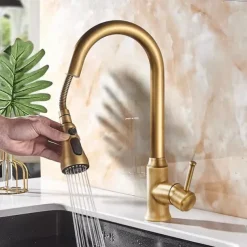 Traditional Kitchen Faucet Pull Out Sink Mixer Vessel Brass Taps, 360 Degree Single Handle Vintage Taps with Cold and Hot Hose