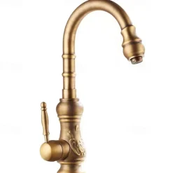 Traditional Kitchen Sink Mixer Faucet Swivel Spout Rotates 360°, Retro Style Single Handle Kitchen Taps Deck Mounted, One Hole Brass Vintage Water Vessel Taps