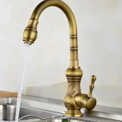 Traditional Kitchen Sink Mixer Faucet Swivel Spout Rotates 360°, Retro Style Single Handle Kitchen Taps Deck Mounted, One Hole Brass Vintage Water Vessel Taps