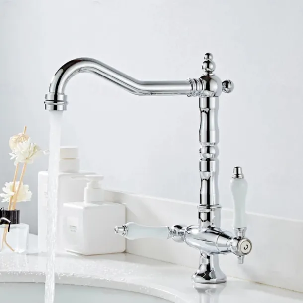 Traditional Kitchen Sink Mixer Faucet, Retro Style Vessel Kitchen Taps Dual Handles One Hole Rotatable Chrome/Brass/Nickel Brushed Standard Spout