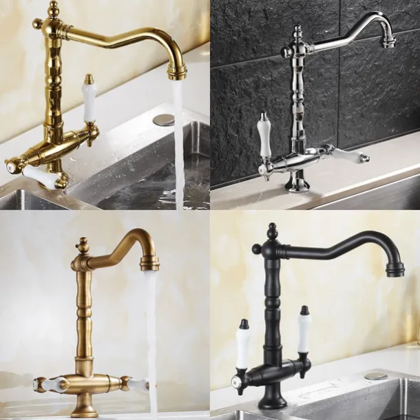 Traditional Kitchen Sink Mixer Faucet, Retro Style Vessel Kitchen Taps Dual Handles One Hole Rotatable Chrome/Brass/Nickel Brushed Standard Spout