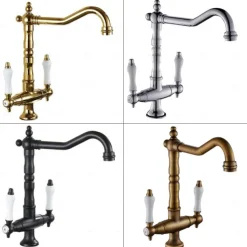 Traditional Kitchen Sink Mixer Faucet, Retro Style Vessel Kitchen Taps Dual Handles One Hole Rotatable Chrome/Brass/Nickel Brushed Standard Spout
