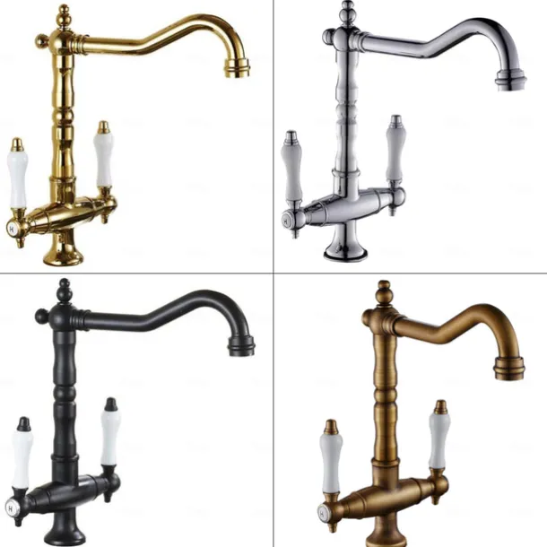 Traditional Kitchen Sink Mixer Faucet, Retro Style Vessel Kitchen Taps Dual Handles One Hole Rotatable Chrome/Brass/Nickel Brushed Standard Spout