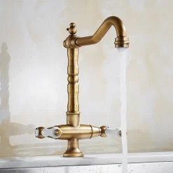 Traditional Kitchen Sink Mixer Faucet, Retro Style Vessel Kitchen Taps Dual Handles One Hole Rotatable Chrome/Brass/Nickel Brushed Standard Spout