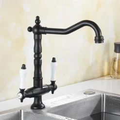 Traditional Kitchen Sink Mixer Faucet, Retro Style Vessel Kitchen Taps Dual Handles One Hole Rotatable Chrome/Brass/Nickel Brushed Standard Spout