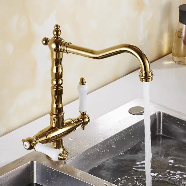 Traditional Kitchen Sink Mixer Faucet, Retro Style Vessel Kitchen Taps Dual Handles One Hole Rotatable Chrome/Brass/Nickel Brushed Standard Spout