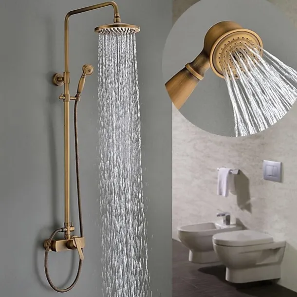 Traditional Shower Faucets Set, Wall Mount Antique Brass Tap with 8 Inch Round Rainfall Shower Head Wide Spout Brass Handheld Sprayer, Bathroom Shower System Vintage Brushed Rainfall Shower Suit