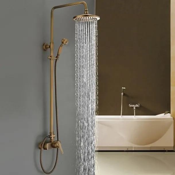 Traditional Shower Faucets Set, Wall Mount Antique Brass Tap with 8 Inch Round Rainfall Shower Head Wide Spout Brass Handheld Sprayer, Bathroom Shower System Vintage Brushed Rainfall Shower Suit