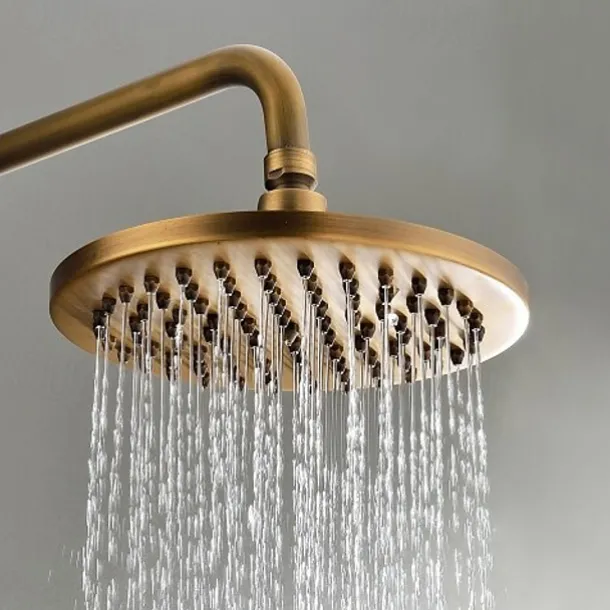 Traditional Shower Faucets Set, Wall Mount Antique Brass Tap with 8 Inch Round Rainfall Shower Head Wide Spout Brass Handheld Sprayer, Bathroom Shower System Vintage Brushed Rainfall Shower Suit