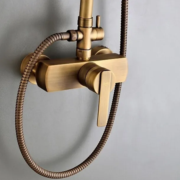 Traditional Shower Faucets Set, Wall Mount Antique Brass Tap with 8 Inch Round Rainfall Shower Head Wide Spout Brass Handheld Sprayer, Bathroom Shower System Vintage Brushed Rainfall Shower Suit