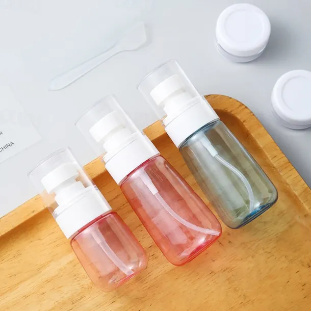 Travel Bottles Set 7-Piece, Refillable Cosmetic and Toiletry Containers, Shampoo, Lotion, Face Wash, Squeeze, Press, and Spray Bottles for Packing