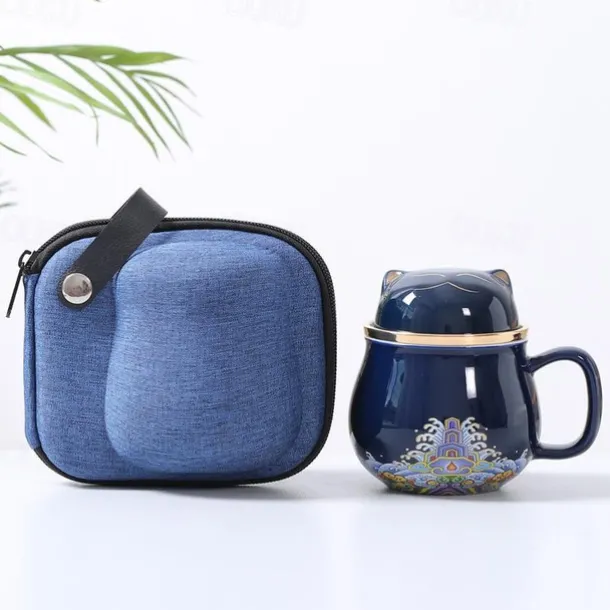 Travel Tea Set Ceramic Portable Lucky Cat Tea Mug - Perfect for Travel, Office, or as a Gift!