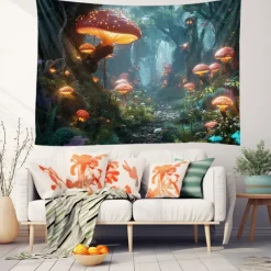 Trippy Forest Mushrooms Hanging Tapestry Wall Art Large Tapestry Mural Decor Photograph Backdrop Blanket Curtain Home Bedroom Living Room Decoration
